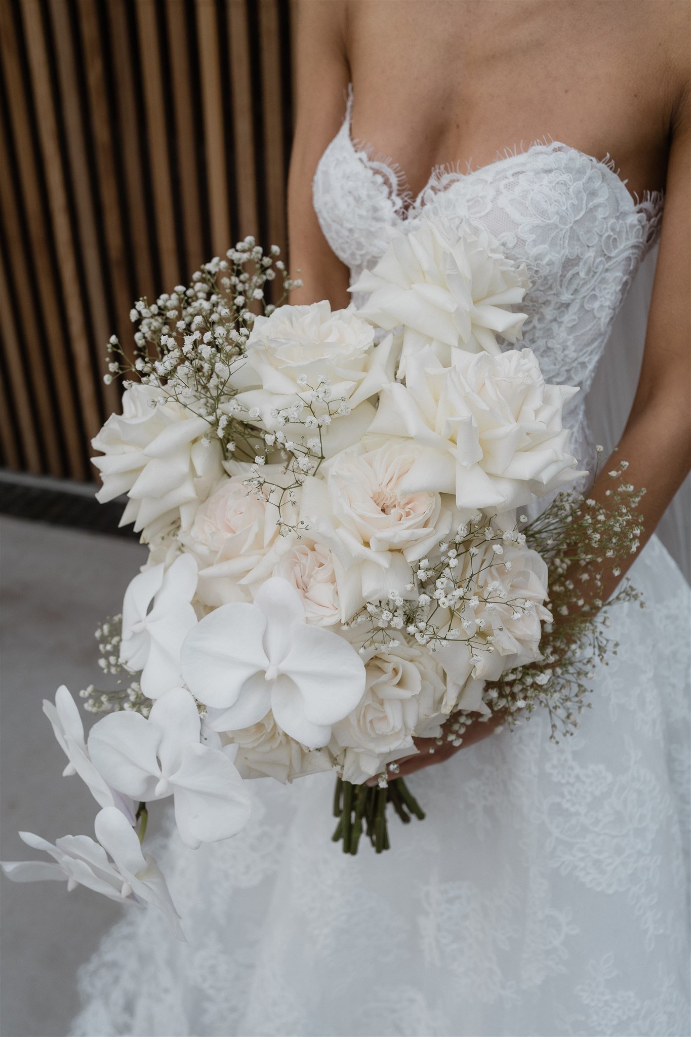 Real Bride Grace wearing Monique Lhuillier Fleur de Lis gown
